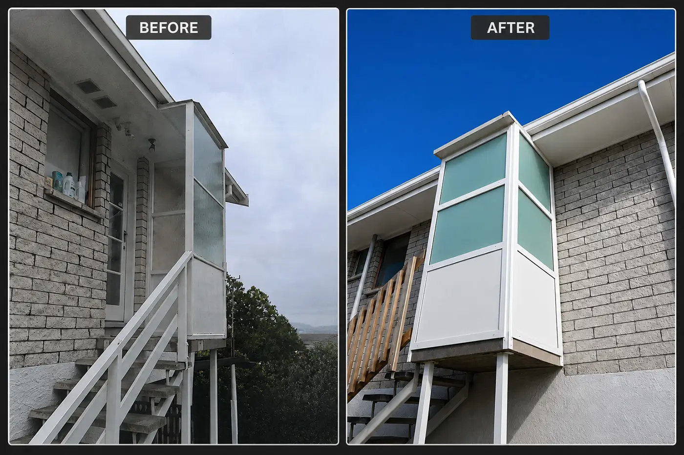 Before and after photos of a small porch at a residential entranceway